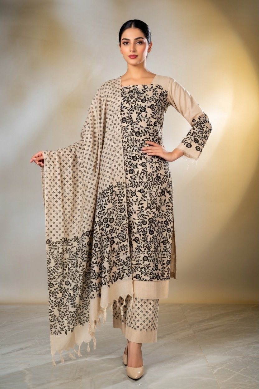 New Latest Collection – Dupion Slub Flower Print Suit Set - Image 1