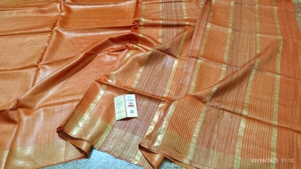 Tussar by Staple body with Geicha Weveing pallu Beautiful jari border soft silk saree