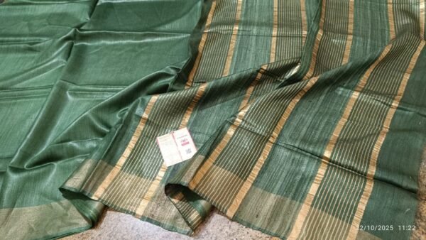 Tussar by Staple body with Geicha Weveing pallu Beautiful jari border soft silk saree